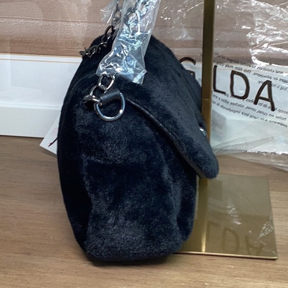 Black Velvet Shoulder Bag with Silver Chain - Picture 4 of 10